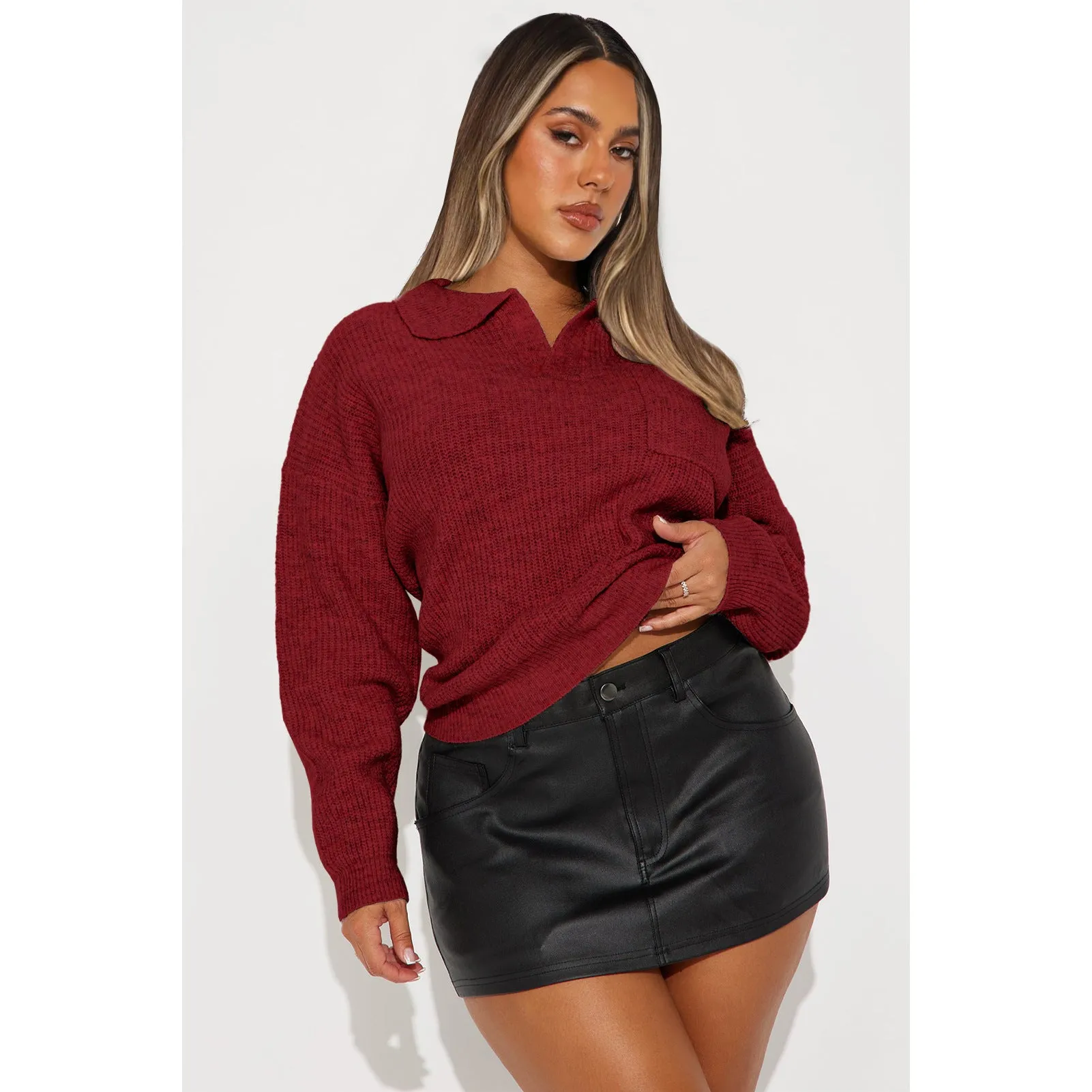 Cozy Turndown Collar Relaxed-Fit Ribbed Knit Sweater