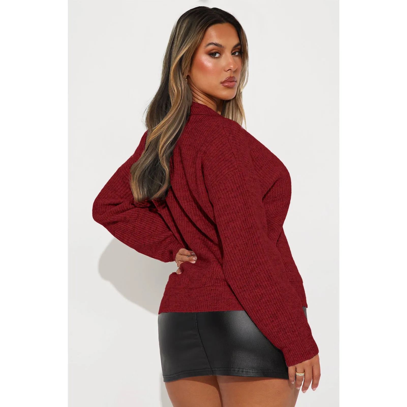 Cozy Turndown Collar Relaxed-Fit Ribbed Knit Sweater