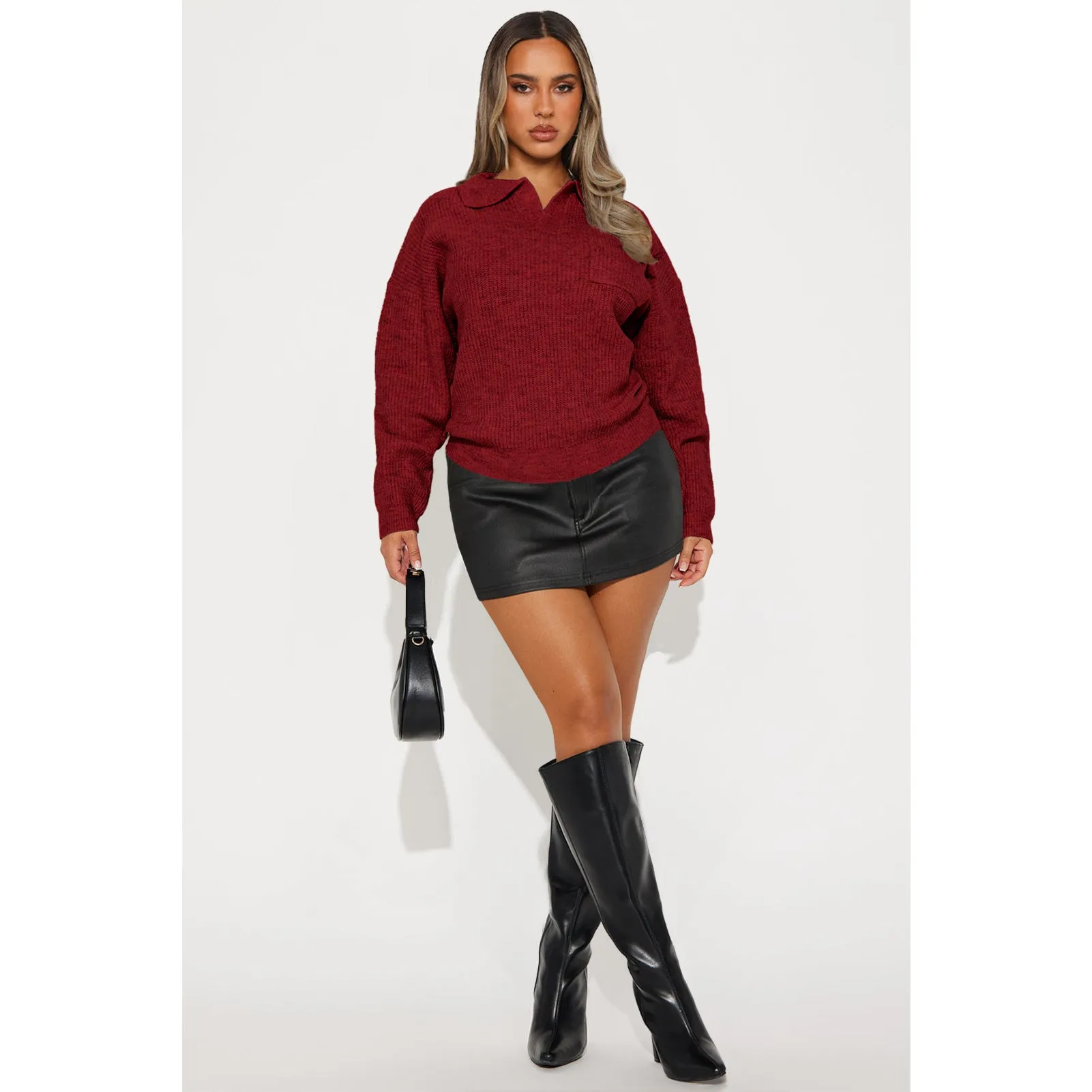 Cozy Turndown Collar Relaxed-Fit Ribbed Knit Sweater