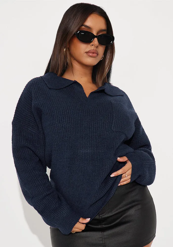 Cozy Turndown Collar Relaxed-Fit Ribbed Knit Sweater