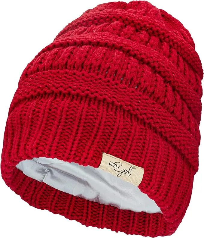 Curly Girl® SATIN LINED Womens Winter Cable Knit Beanie Hat with Resealable Storage Bag, Curly Girl Approved and Curly Girl Method