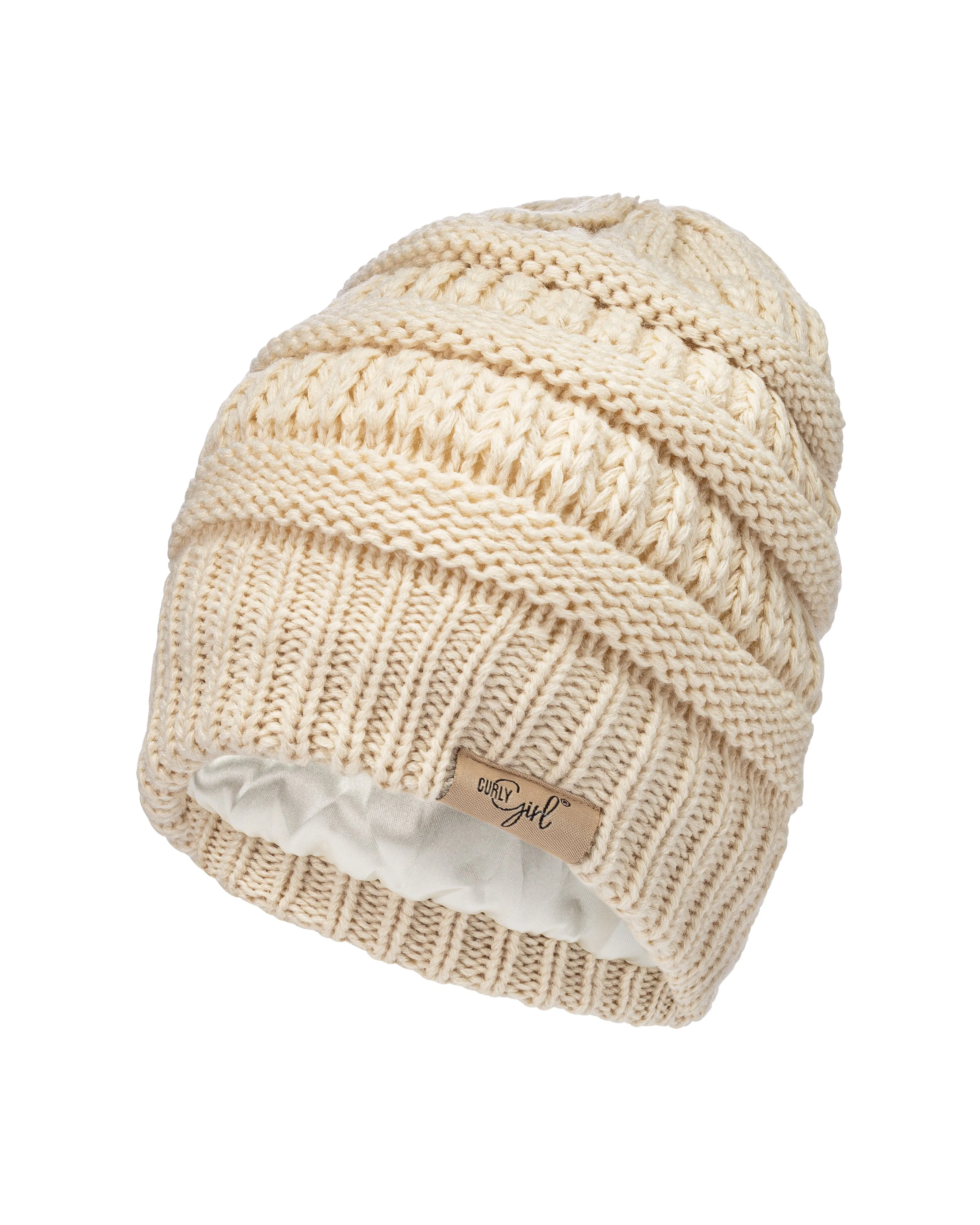 Curly Girl® SATIN LINED Womens Winter Cable Knit Beanie Hat with Resealable Storage Bag, Curly Girl Approved and Curly Girl Method