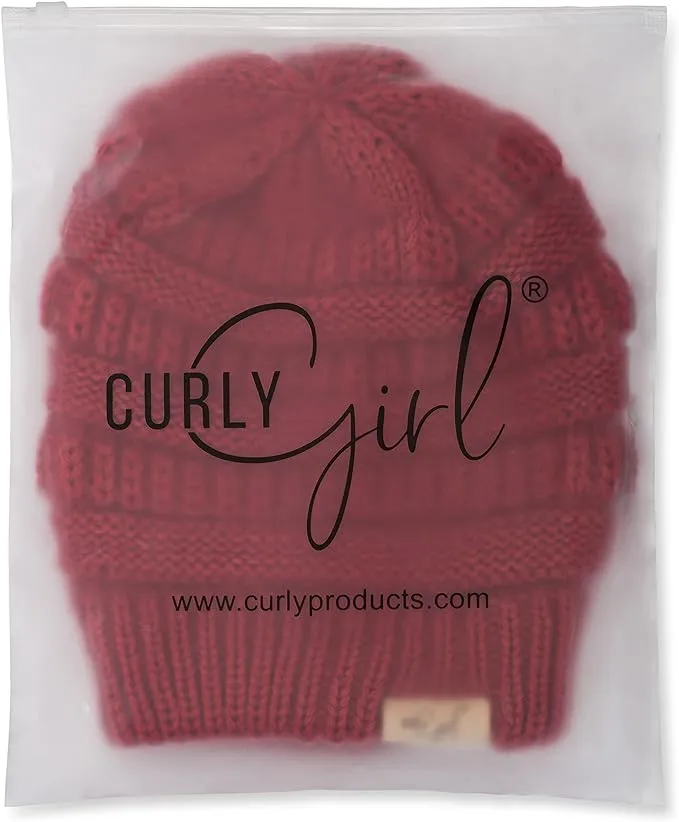 Curly Girl® SATIN LINED Womens Winter Cable Knit Beanie Hat with Resealable Storage Bag, Curly Girl Approved and Curly Girl Method