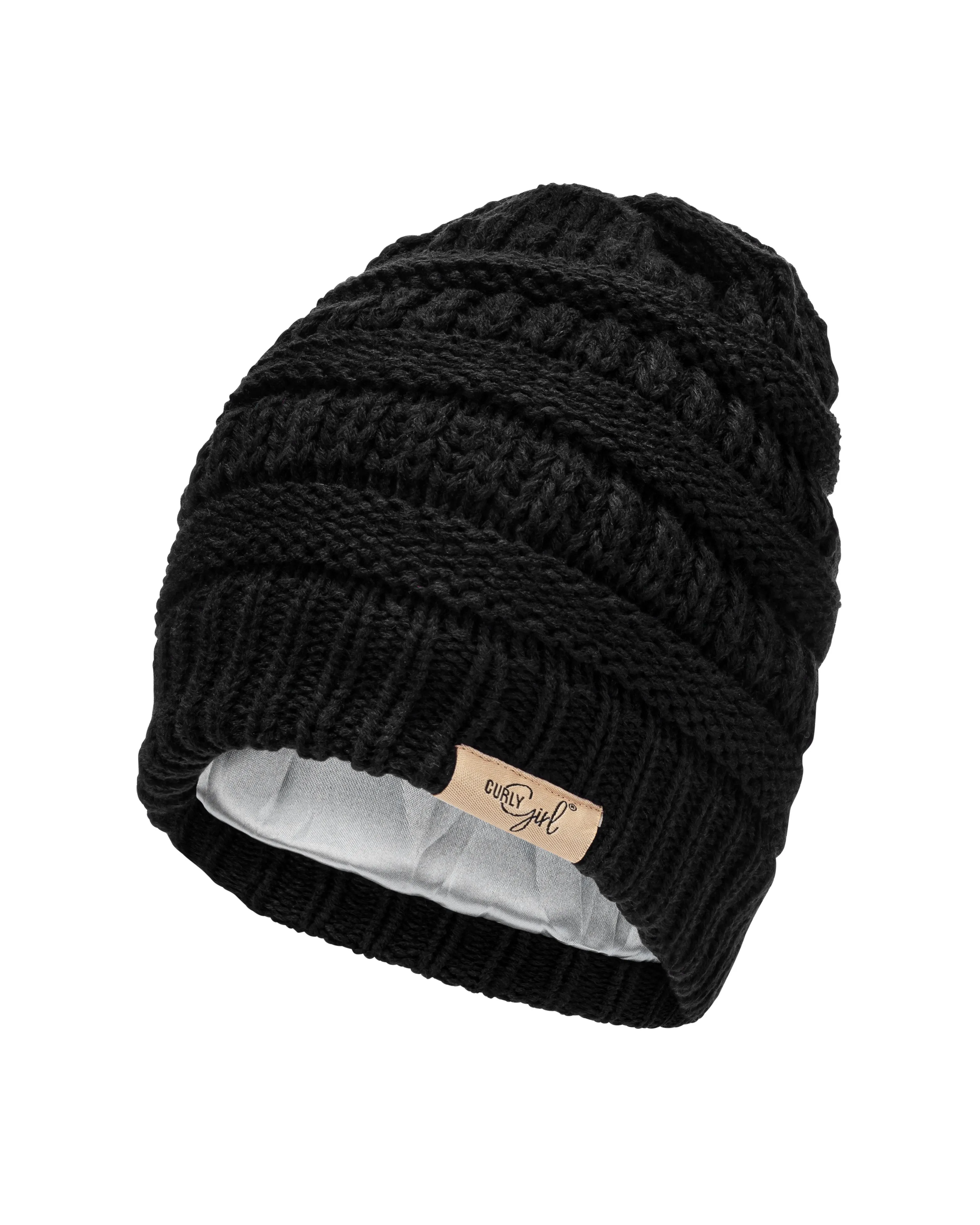 Curly Girl® SATIN LINED Womens Winter Cable Knit Beanie Hat with Resealable Storage Bag, Curly Girl Approved and Curly Girl Method