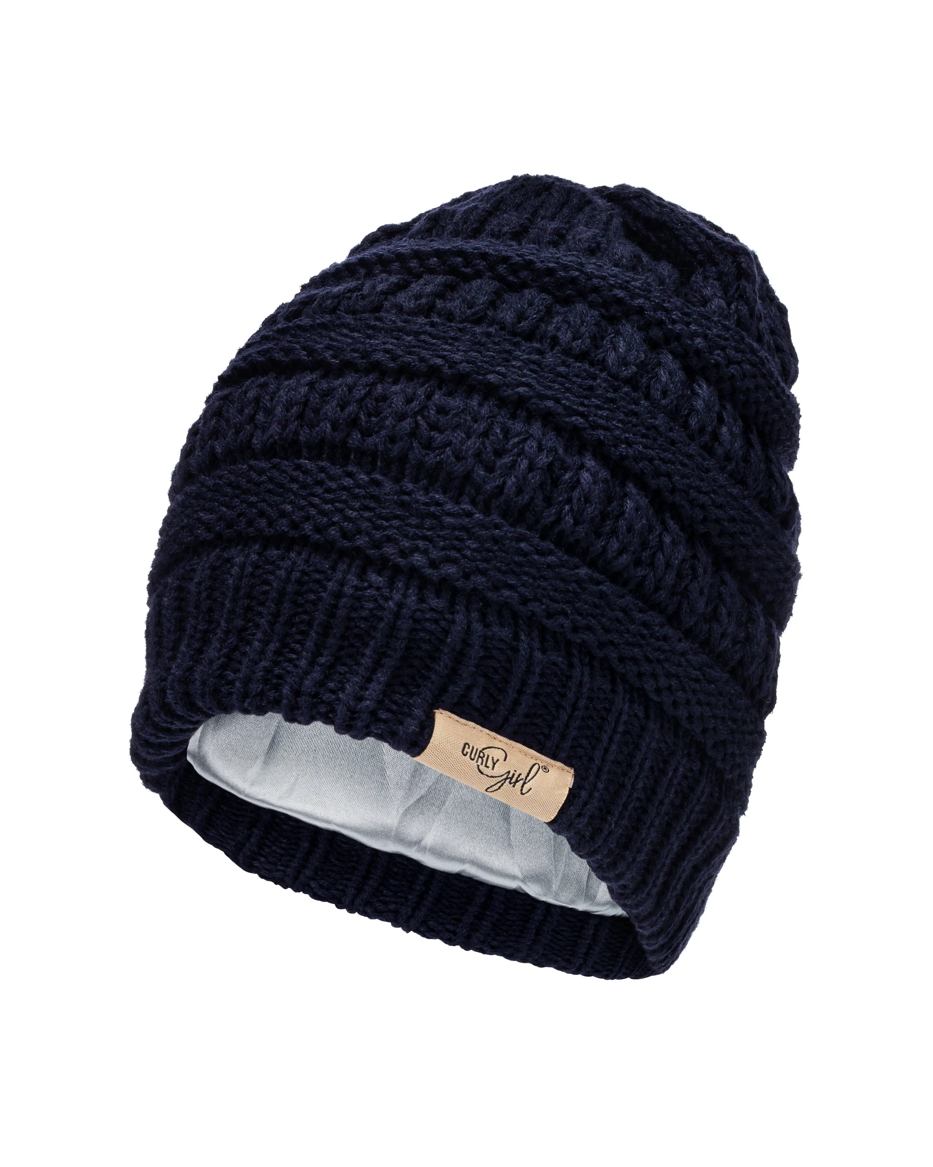 Curly Girl® SATIN LINED Womens Winter Cable Knit Beanie Hat with Resealable Storage Bag, Curly Girl Approved and Curly Girl Method