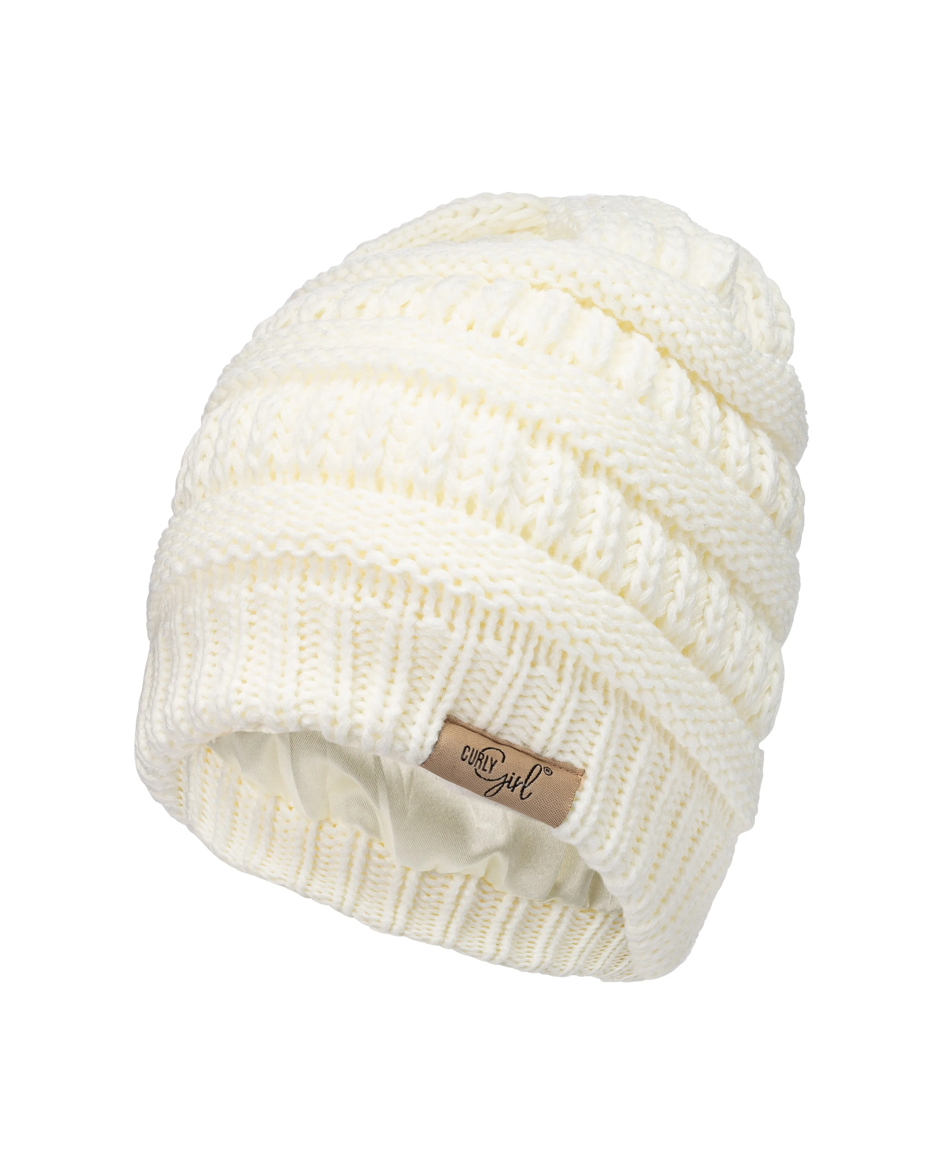Curly Girl® SATIN LINED Womens Winter Cable Knit Beanie Hat with Resealable Storage Bag, Curly Girl Approved and Curly Girl Method