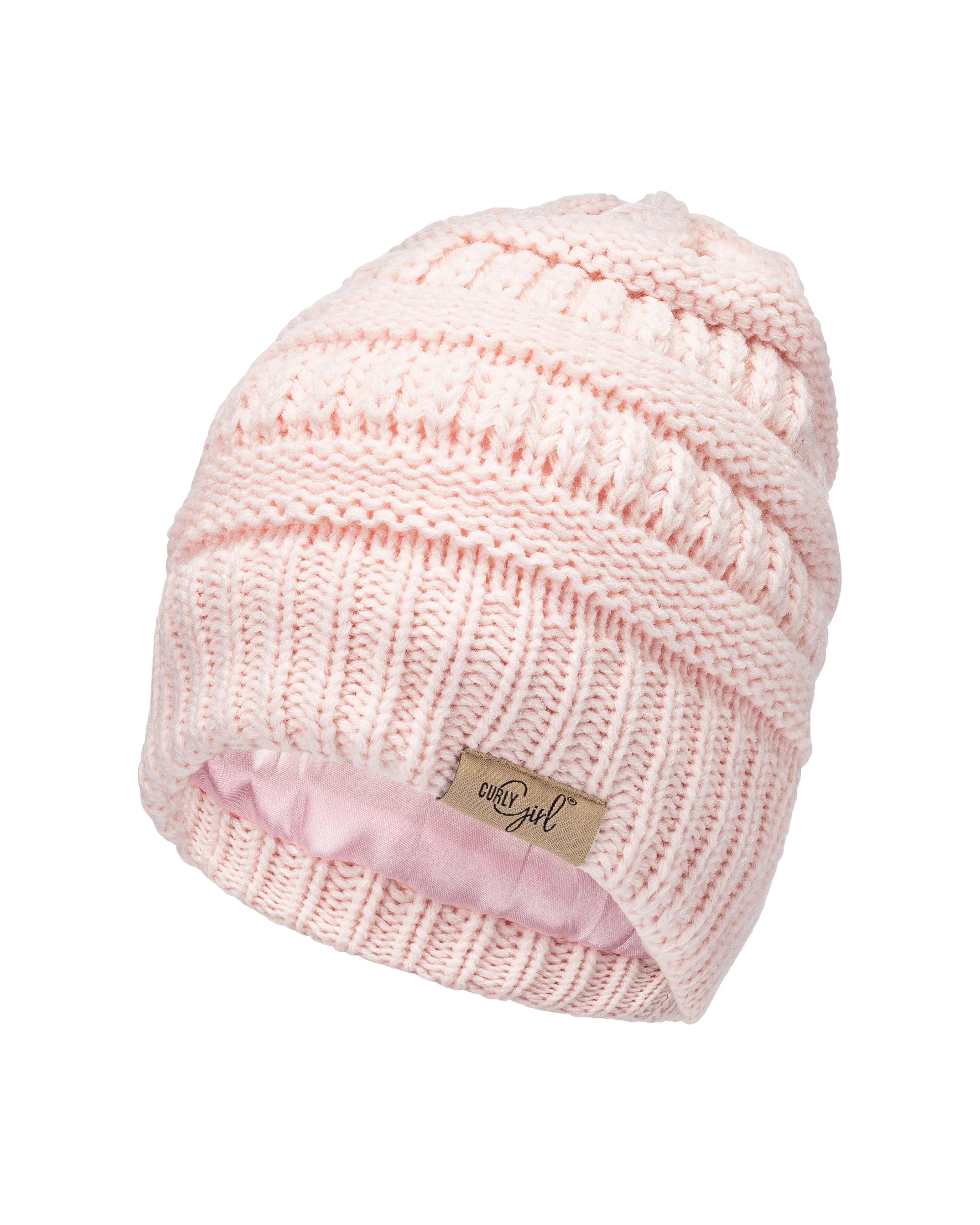 Curly Girl® SATIN LINED Womens Winter Cable Knit Beanie Hat with Resealable Storage Bag, Curly Girl Approved and Curly Girl Method