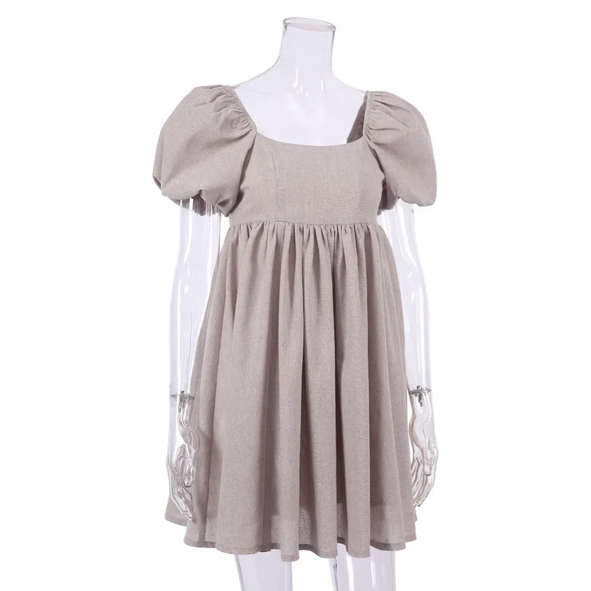 Cute Puff Sleeve Square Neck Linen Babydoll Mini Dress - Khaki