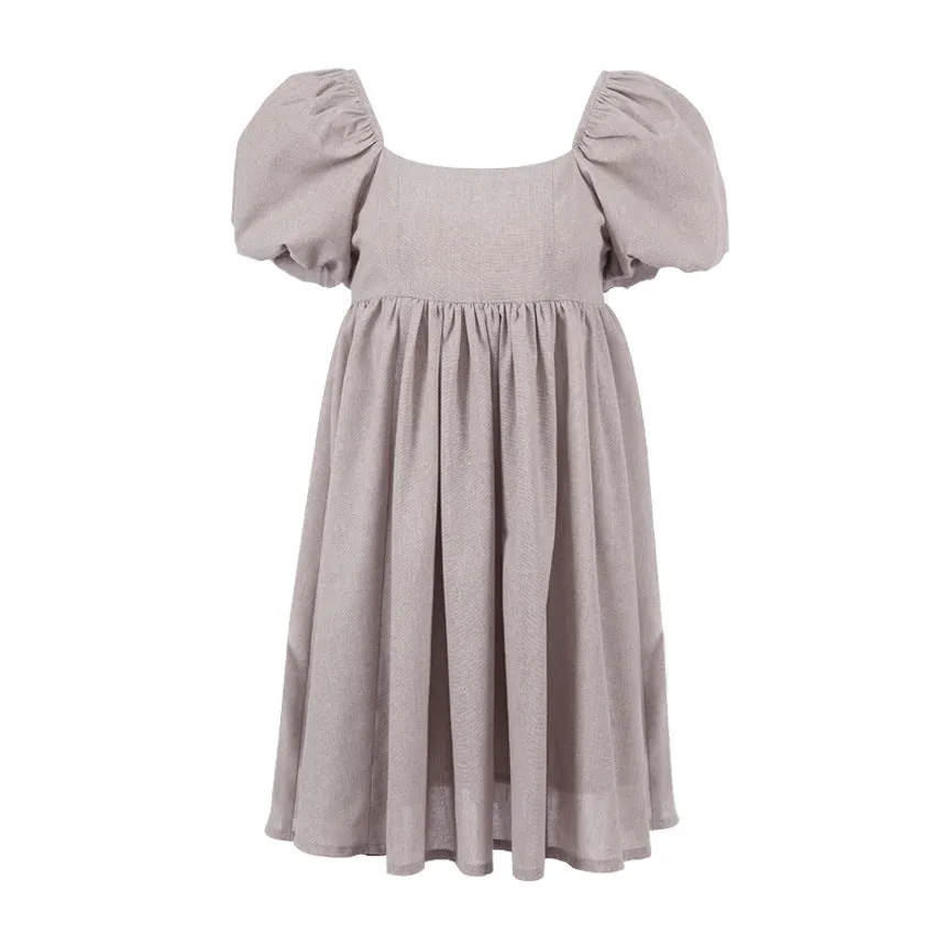 Cute Puff Sleeve Square Neck Linen Babydoll Mini Dress - Khaki