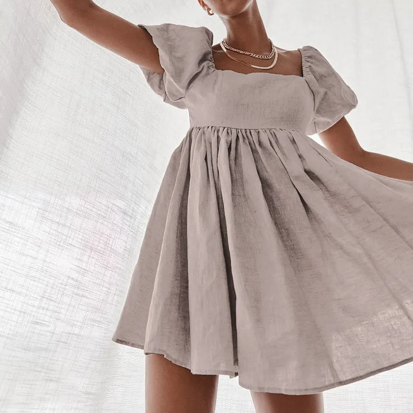 Cute Puff Sleeve Square Neck Linen Babydoll Mini Dress - Khaki