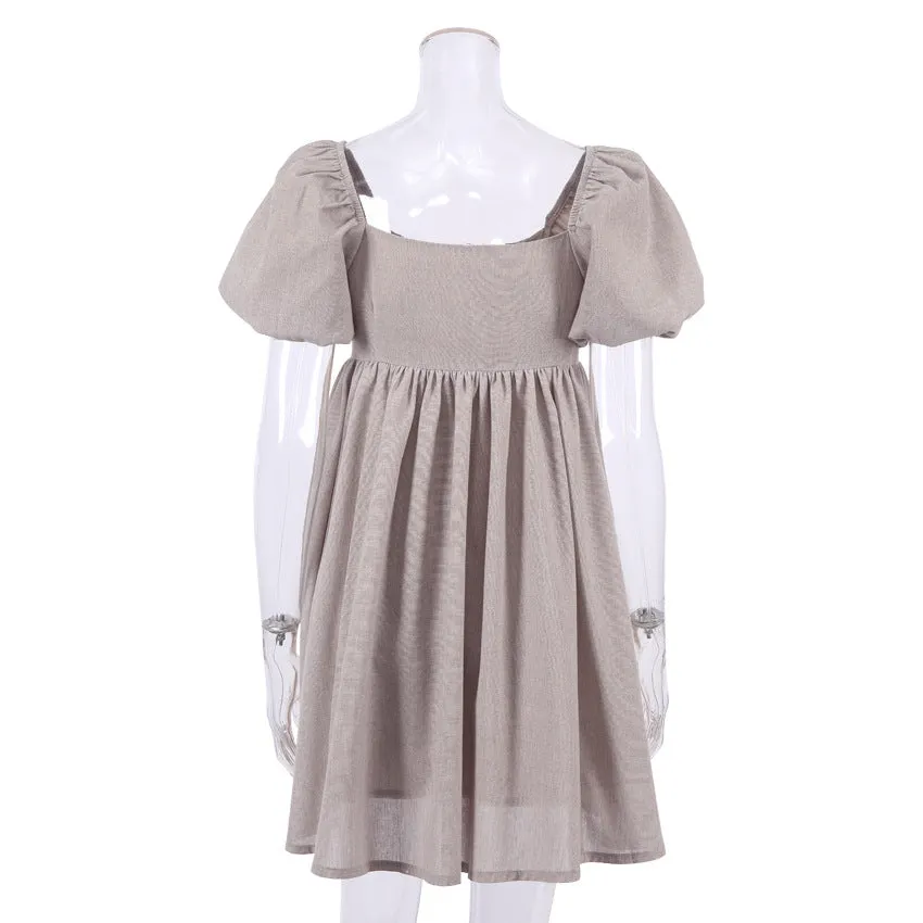 Cute Puff Sleeve Square Neck Linen Babydoll Mini Dress - Khaki