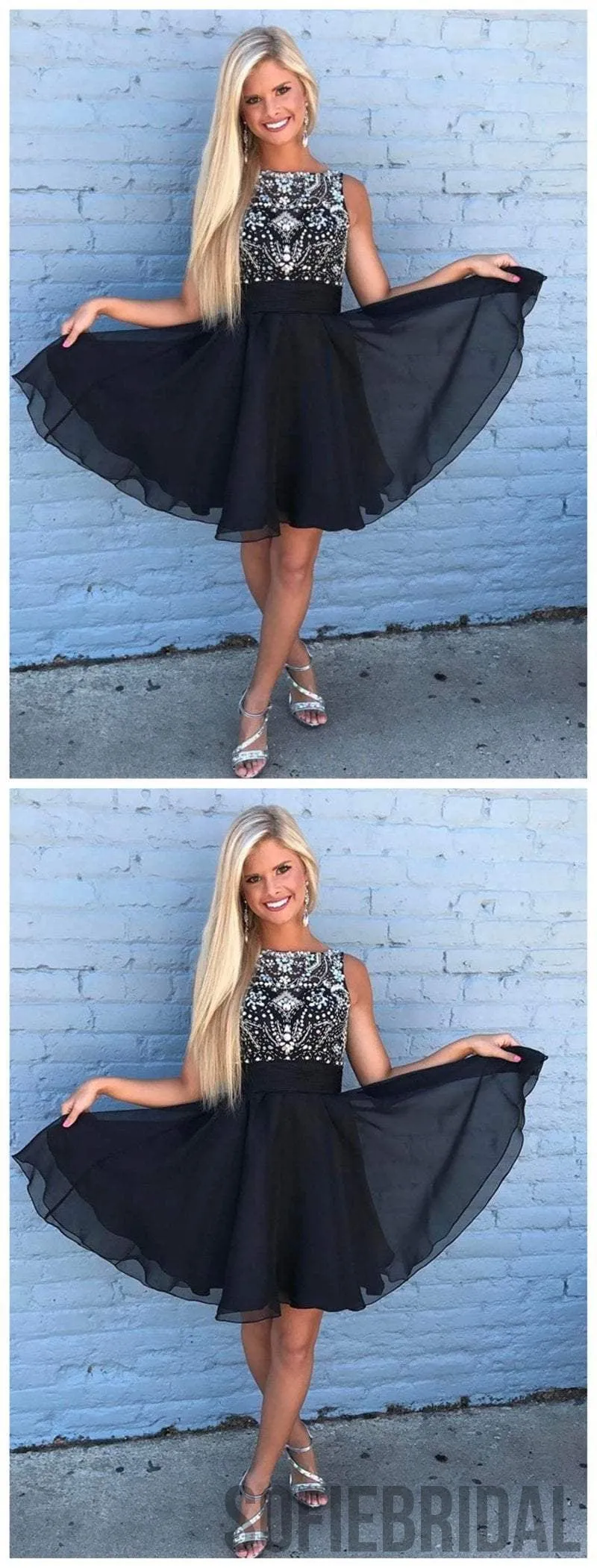 Cute Rhinestone Beaded Chiffon Short Black Homecoming Dresses 2018, CM492