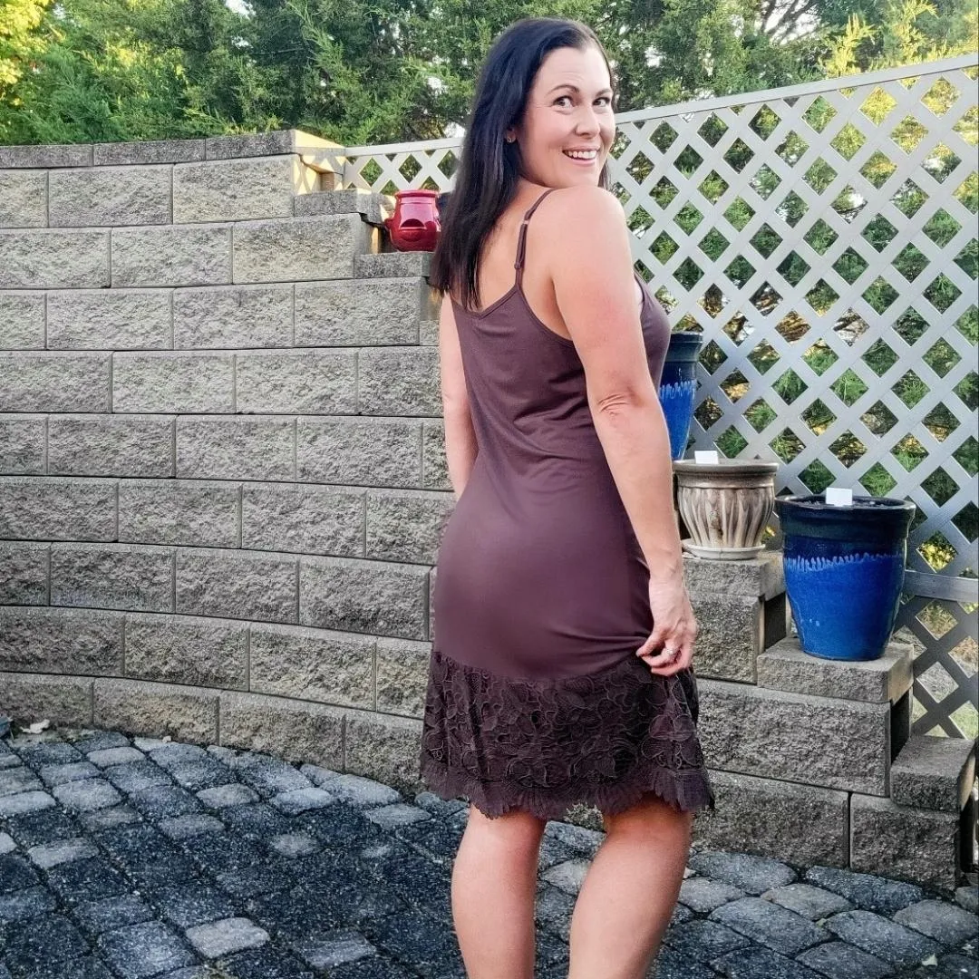 Dark Chocolate Brown New Scalloped Guipure Lace Dress Extender Slip