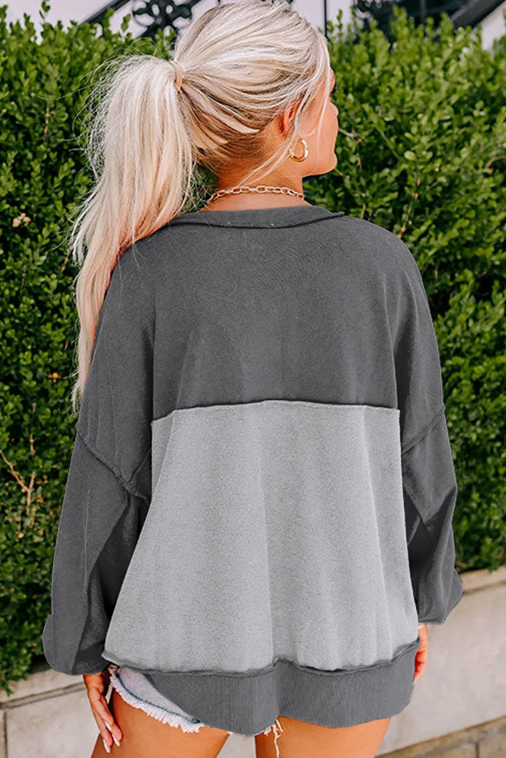 Dark Grey Drop Shoulder Henley Buttons Sweatshirt