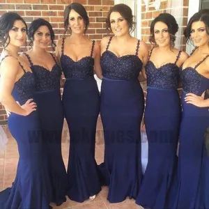 Dark Navy Spaghetti Strap Glittering Beads Trumpet Bridesmaid Dresses With Sweep Train, TYP0754