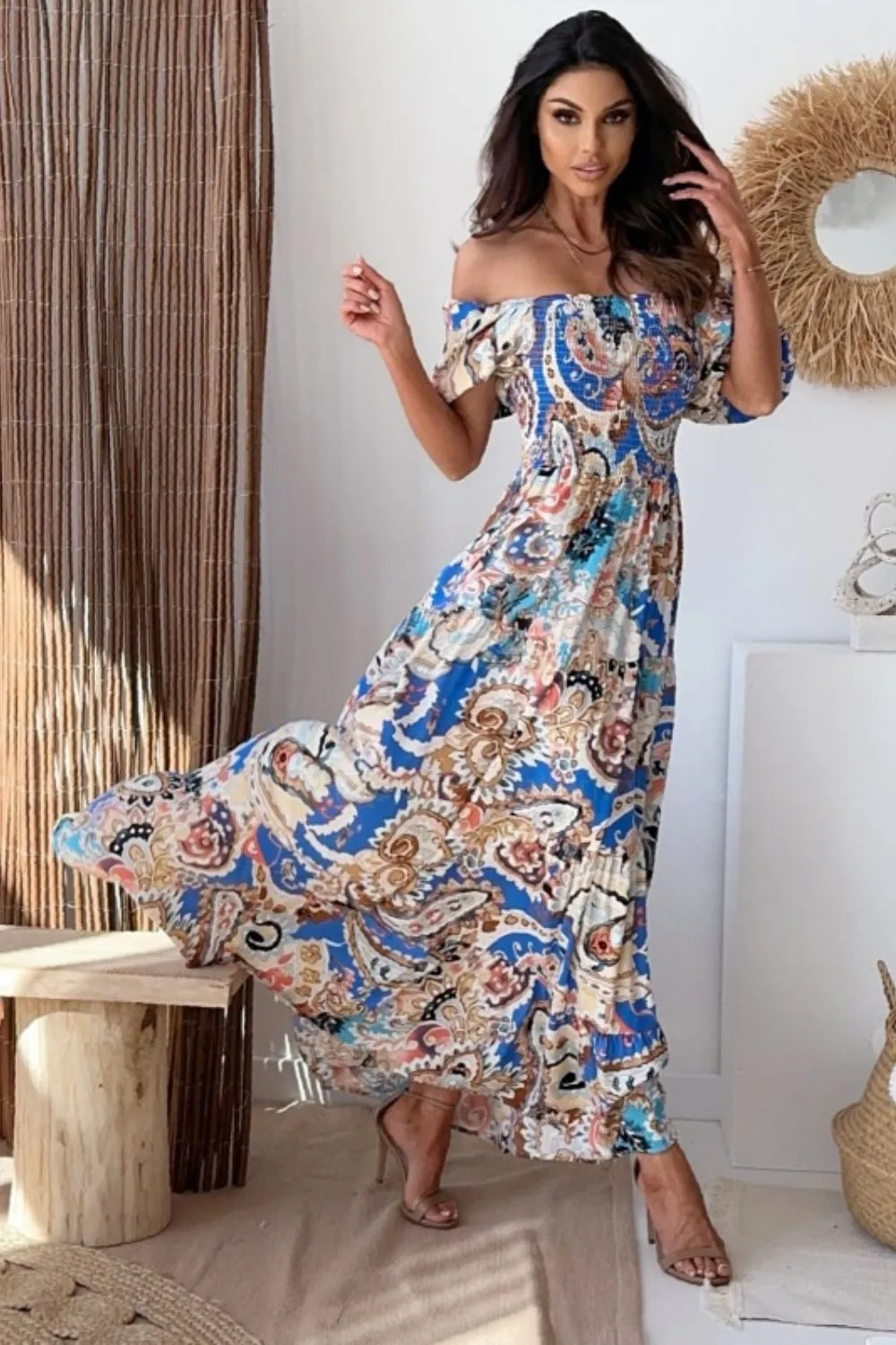 Dawes Smocked Printed Short Sleeve Maxi Dress