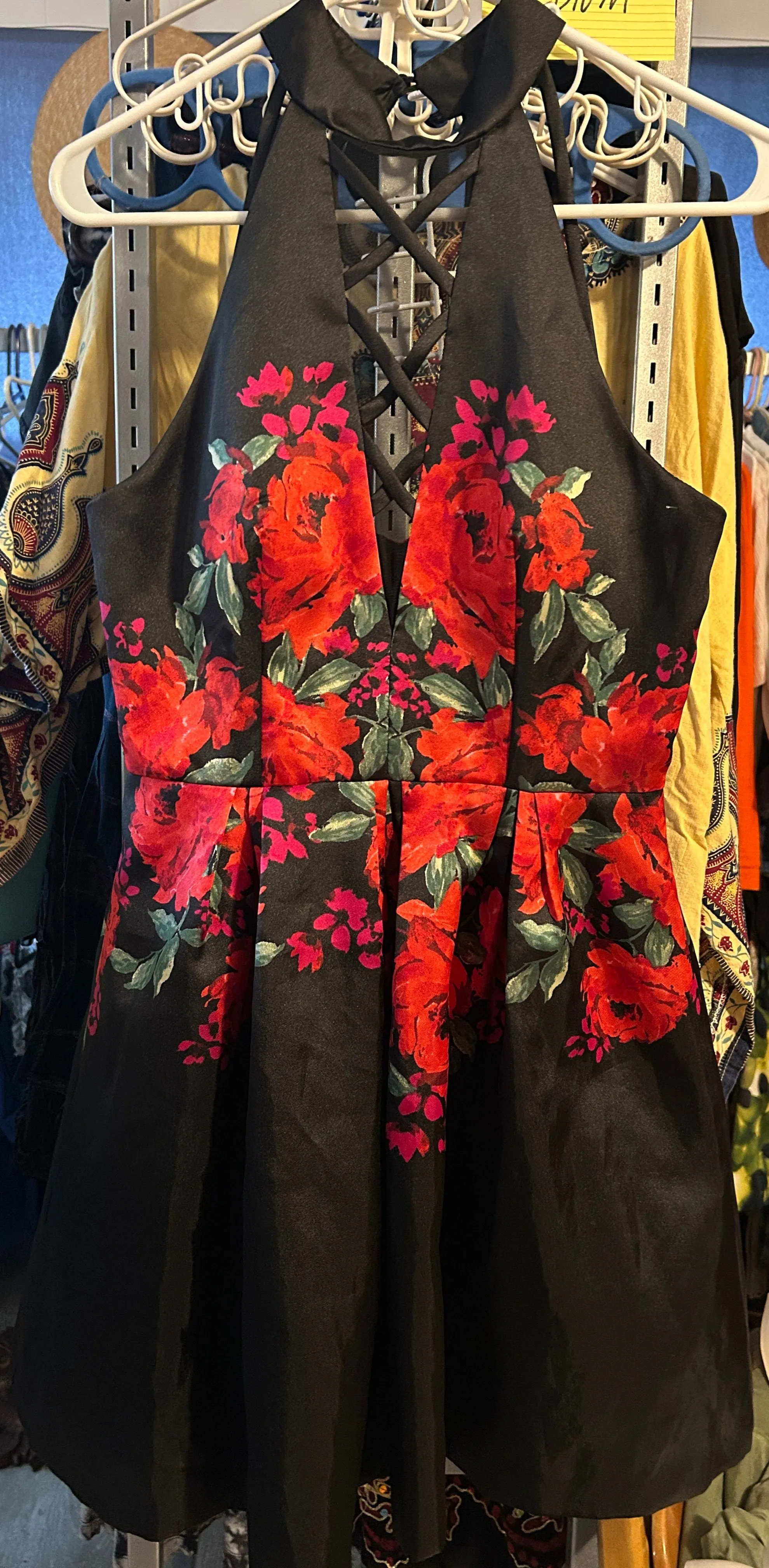 Dear Moon Black & Red Floral Halter Dress – Size 7