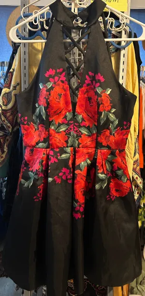 Dear Moon Black & Red Floral Halter Dress – Size 7