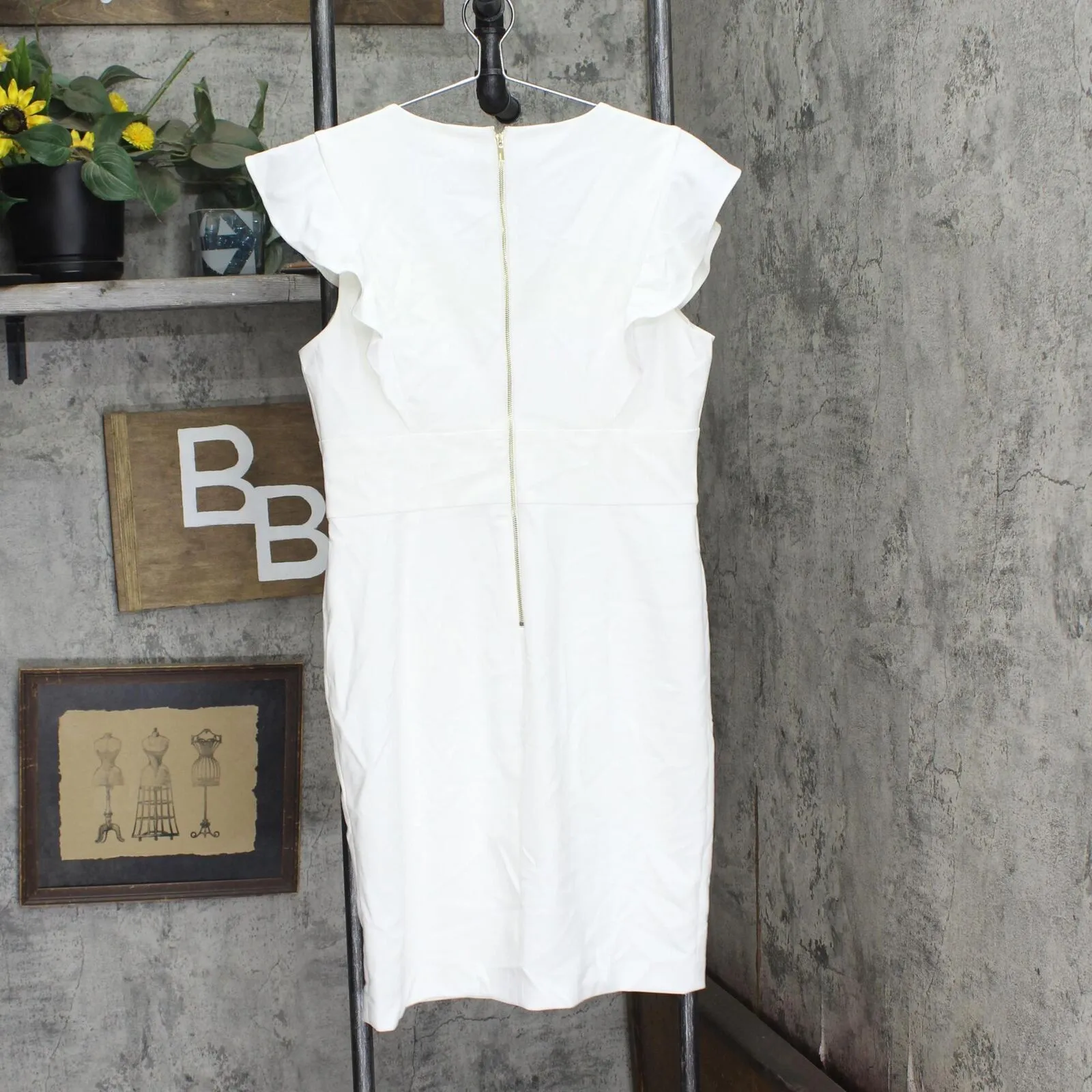 DKNY Womens V-Neck Ruffle Cap Sleeve Sheath Dress DD9J1544 Anne White 12