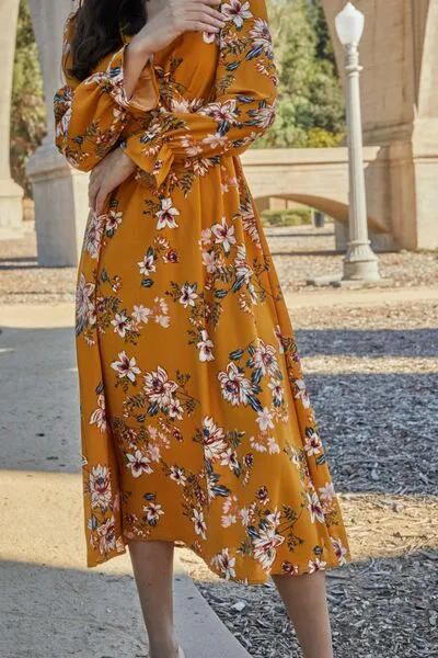 Double Take Floral Tie Back Flounce Sleeve Dress
