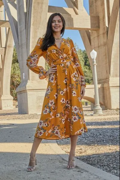 Double Take Floral Tie Back Flounce Sleeve Dress