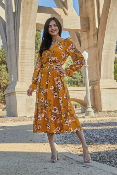Double Take Floral Tie Back Flounce Sleeve Dress