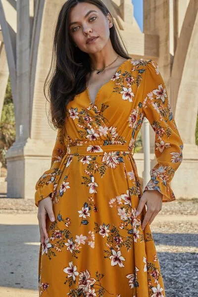 Double Take Floral Tie Back Flounce Sleeve Dress