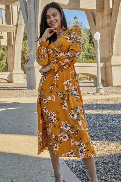 Double Take Floral Tie Back Flounce Sleeve Dress