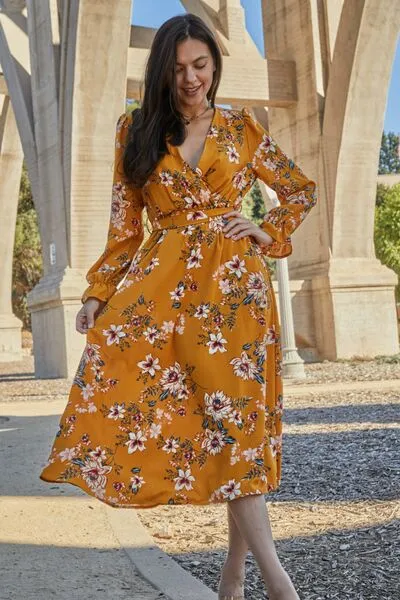 Double Take Floral Tie Back Flounce Sleeve Dress