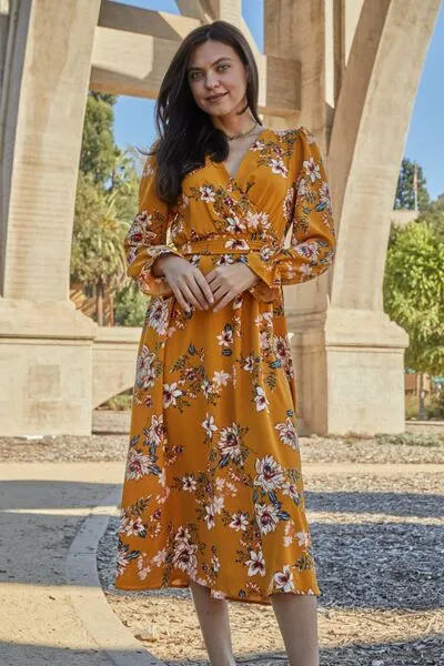 Double Take Floral Tie Back Flounce Sleeve Dress