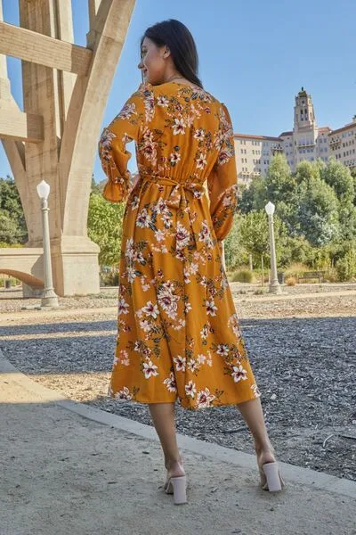 Double Take Floral Tie Back Flounce Sleeve Dress