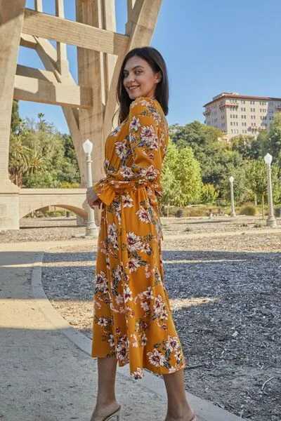 Double Take Floral Tie Back Flounce Sleeve Dress