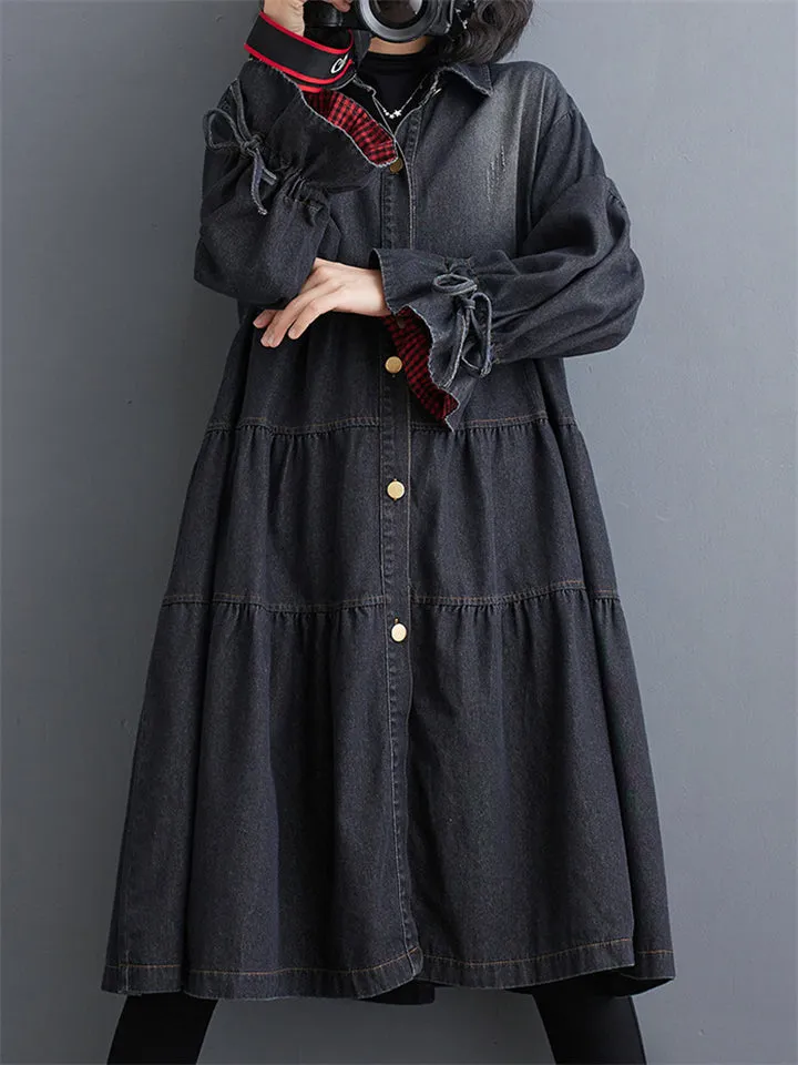 Drawstring Sleeve Oversized Pleated Denim Dresses for Women