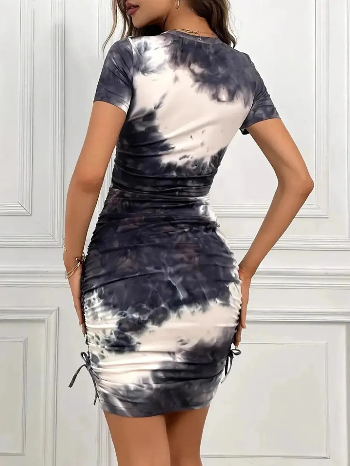 Drawstring Tie-Dye Round Neck Short Sleeve Dress