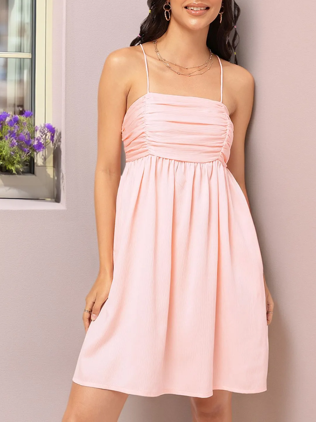 DressBerry Pastel Ruched Romance Smocked A-Line Dress