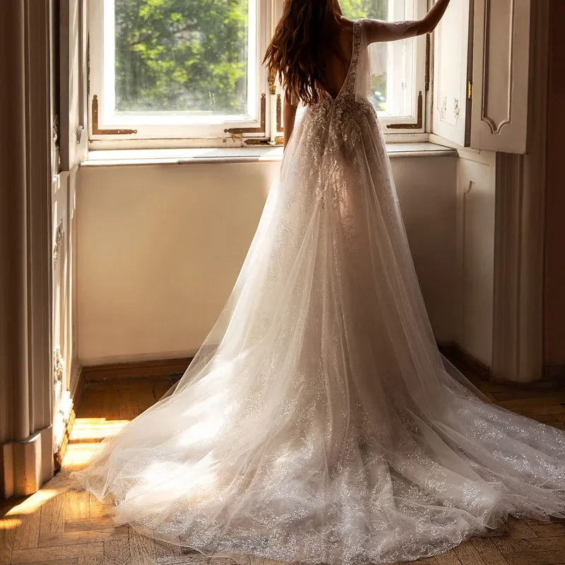 Elegant Princess Lace A-Line  Shiny Wedding Short Sleeve V-back  Bridal Gown N