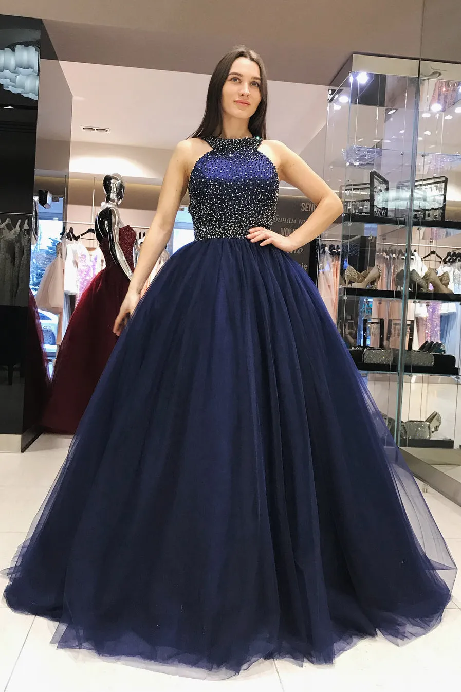 Elegant Scoop Royal Blue Ball Gown Beading Prom Dress,Sweet 16 Dress OK944