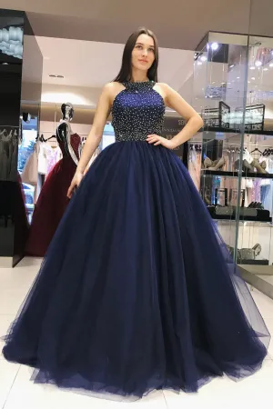 Elegant Scoop Royal Blue Ball Gown Beading Prom Dress,Sweet 16 Dress OK944