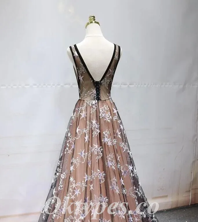 Elegant Star Tulle Spaghetti Straps V-Neck Sleeveless Lace Up A-Line Long Prom Dresses,PDS0816
