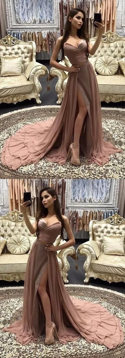 Elegant Two Piece A-Line Chiffon Long Prom Dresses, Cheap Evening Dresses,Party Dresses,PDY0342