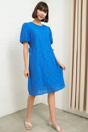 EMMELINE Puff-Sleeve Cut-out Broderie Midi Dress (Electric Blue)