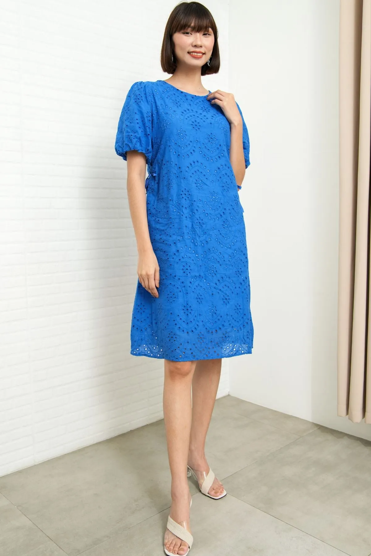 EMMELINE Puff-Sleeve Cut-out Broderie Midi Dress (Electric Blue)