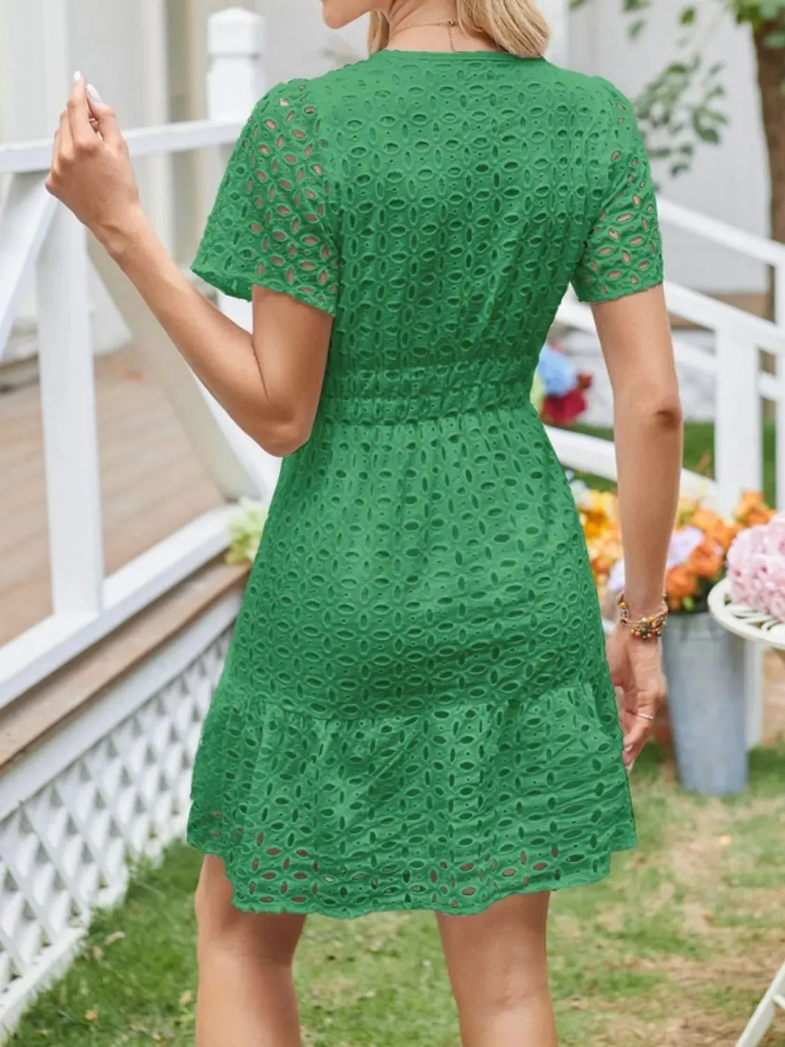 Eyelet Notched Short Sleeve Dress