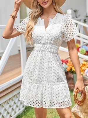 Eyelet Notched Short Sleeve Dress