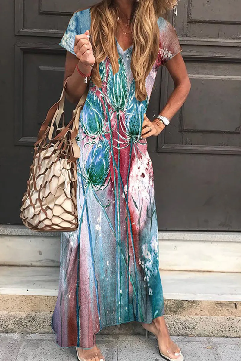 Fashion Print Patchwork V Neck Straight Dresses