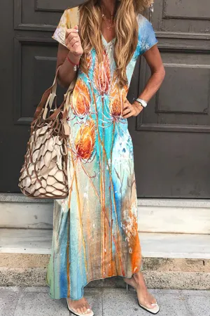 Fashion Print Patchwork V Neck Straight Dresses