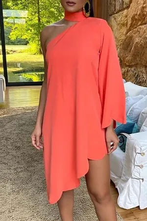 Fashion Solid Patchwork One Shoulder Straight Dresses