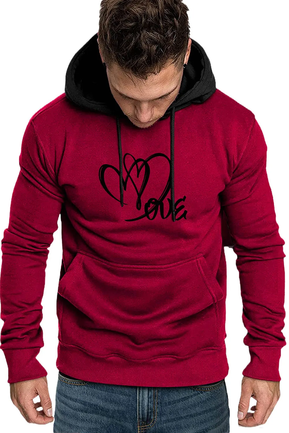 Fiery Red Letter Heart Print Color Block Pocketed Men's Hoodie