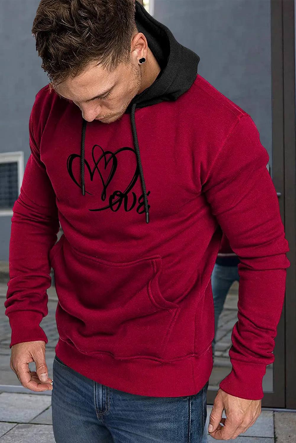 Fiery Red Letter Heart Print Color Block Pocketed Men's Hoodie