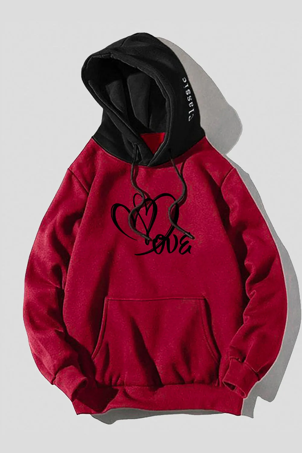 Fiery Red Letter Heart Print Color Block Pocketed Men's Hoodie